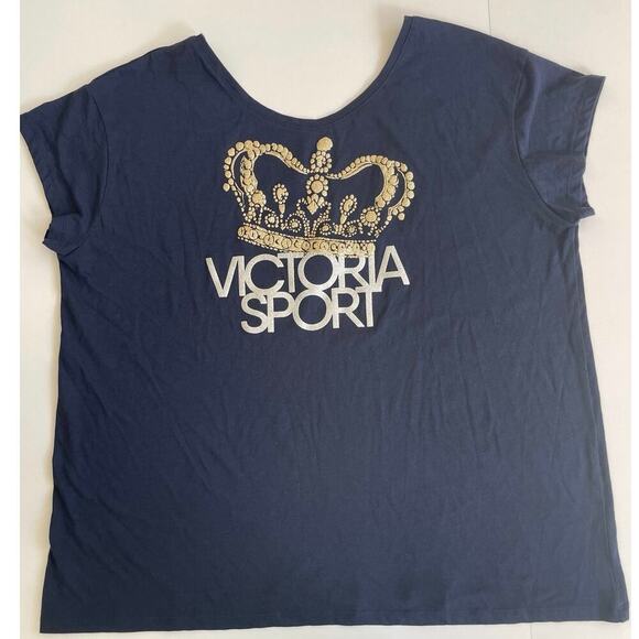 VICTORIA SECRET SPORT T-SHIRT GOLD QUEEN CROWN GRAPHIC BLUE SZ XL ATHLEISURE - Picture 10 of 10